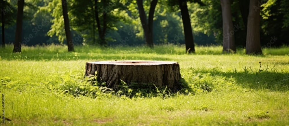 Poster Tree stump with grass. Creative banner. Copyspace image