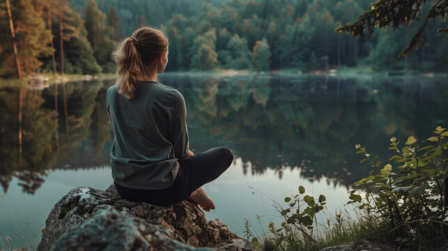 Woman sitting on rock by lakeside in serene nature scene