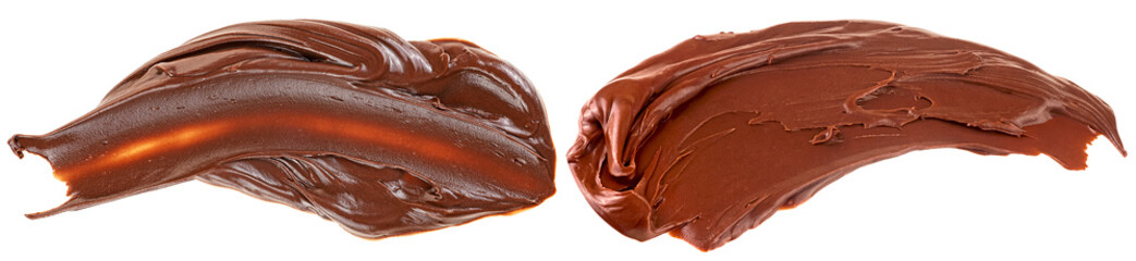 Two strokes of hazelnut cream isolated on a white background. Cream chocolate spreading.