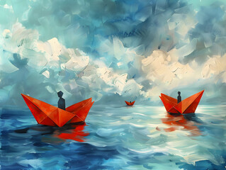 men on origami red paper boats floating in the cloudy Oil color painting. Generative AI.