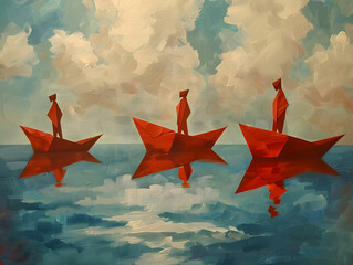 men on origami red paper boats floating in the cloudy Oil color painting. Generative AI.
