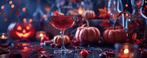 Spooky red halloween cocktail decorated with black sugar and maple leaf on a festive table