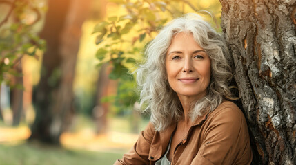 Smiling mature woman sitting near tree in sunny park