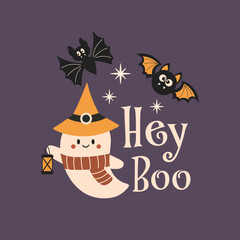 Hey Boo Halloween vector quote. Cute ghost vector illustration. Halloween haunted, boo spooky. Happy Holiday quote, funny design.
