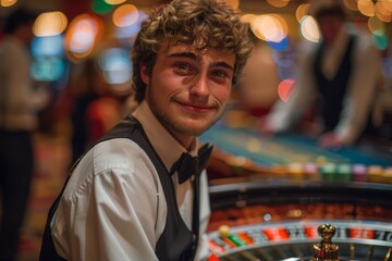  playing in casino, croupier, funny, shot with professional camera