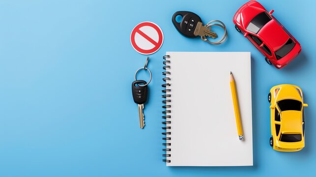 "Stock Photo: Flat Lay of Paper Notebook, Car Keys, and Road Sign on Blue Background. Driving School Concept."