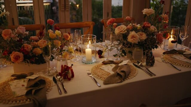 deceoration setting for beautiful event Decoration dinner set up Wedding decor candle catering dinner tabel luxury event. Close up Candlelight bright decoration romantic setting table dinner.