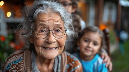  elderly woman in usa with her grandchildren. Happy in the backyard