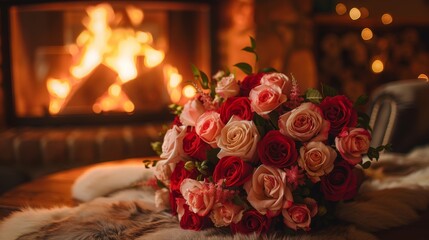 Obraz premium close-up of a luxurious Valentine's Day bouquet laid on an antique wooden coffee table next to a crackling fireplace