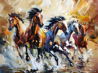 Modern painting with horses Oil color painting. Generative AI.