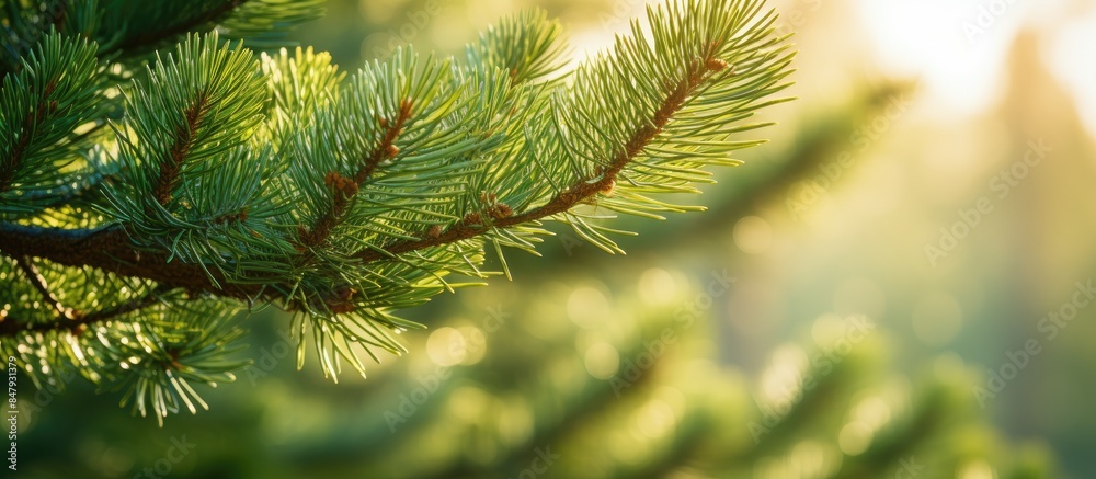 Poster close up of the pine tree branches in the sunlight. creative banner. copyspace image
