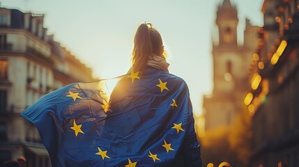 Obraz premium Woman Wrapped in European Union Flag Walking through City at Sunset with Historic Building in Background 