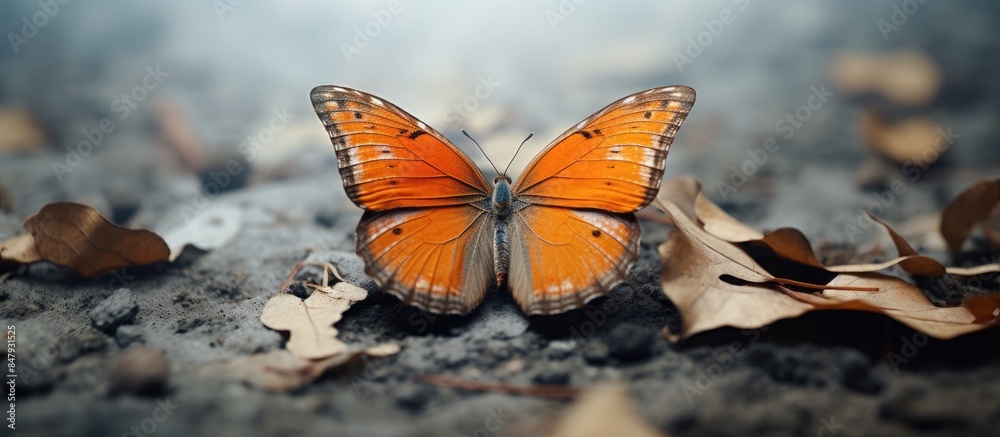 Poster an orange butterfly perched on a leaf with one of its wings torn off. creative banner. copyspace ima