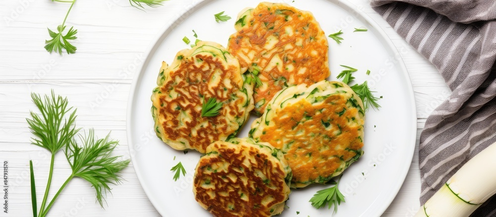 Aufkleber zucchini pancakes with onion and parsley on white background top view above copy space