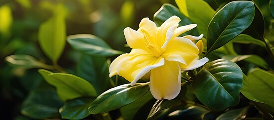 Obraz premium Beautiful yellow flower of Gardenia Sootepensis or in common Golden Gardenia with green leaves in natural atmosphere. Creative banner. Copyspace image