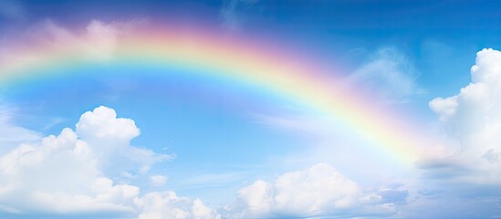 Blue sky background with rainbow. Creative banner. Copyspace image