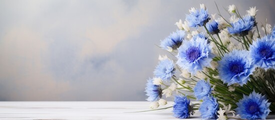 Bouquet of wildflowers of blue cornflowers. Creative banner. Copyspace image