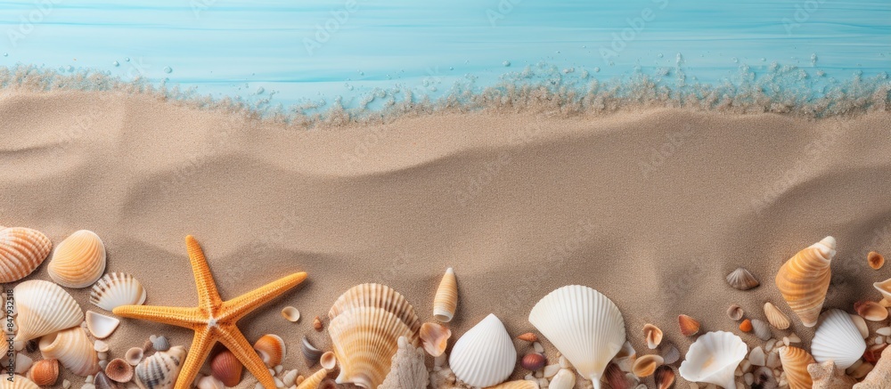 Aufkleber Sea sand with starfish and shells Top view with copy space