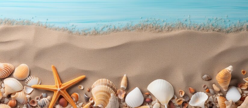 Sea sand with starfish and shells Top view with copy space