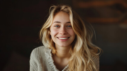 Fototapeta premium Portrait of a smiling blonde young woman in cozy sweater