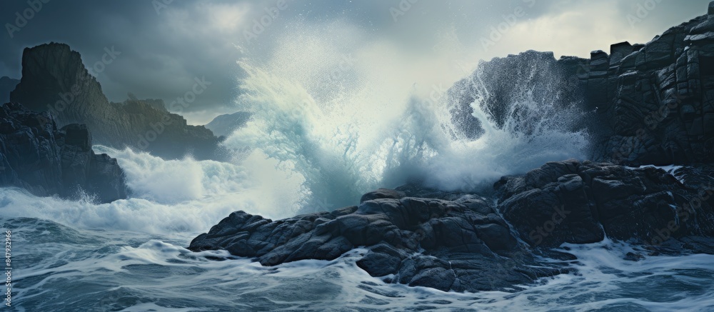 Poster waves crashing on the rocks. creative banner. copyspace image
