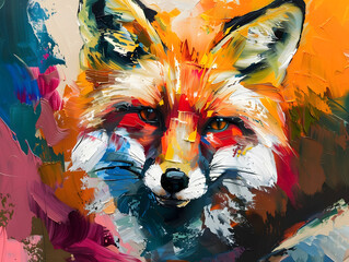 Oil fox portrait painting in multicolored tones. Oil color painting. Generative AI.