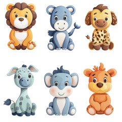 Obraz premium Cute cartoon animal illustrations of a lion, giraffe, hippo, and monkey. Perfect for children's books, greeting cards, and more.