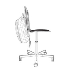 Wireframe of a backpack hanging on a chair made of black lines isolated on a white background. Vector illustration. 3D.