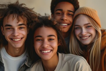 Fototapeta premium a group of young american adults smiling, happy, looking at the camera, background is a beige gradient