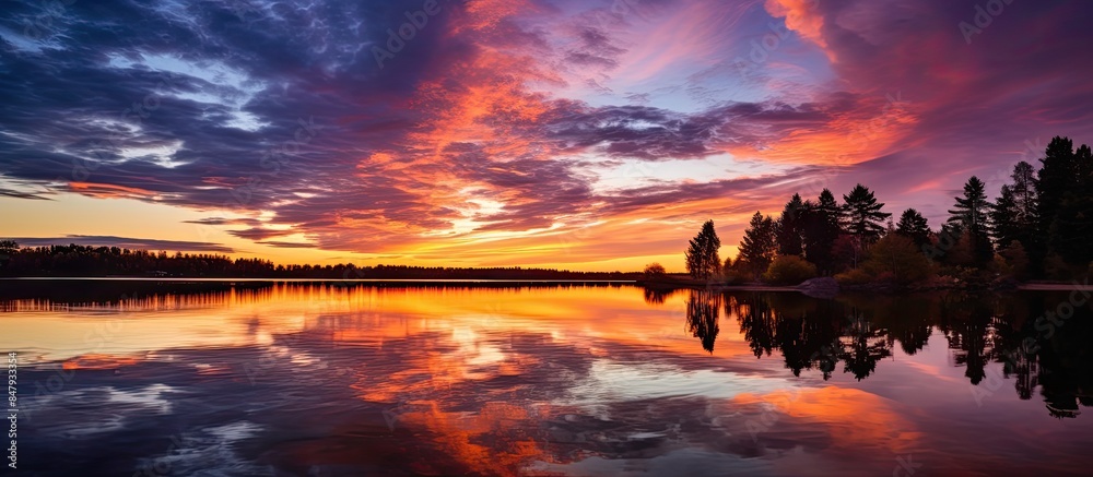 Sticker twilight zone of sunset over lake with colorful sky and reflection in water. Creative banner. Copyspace image