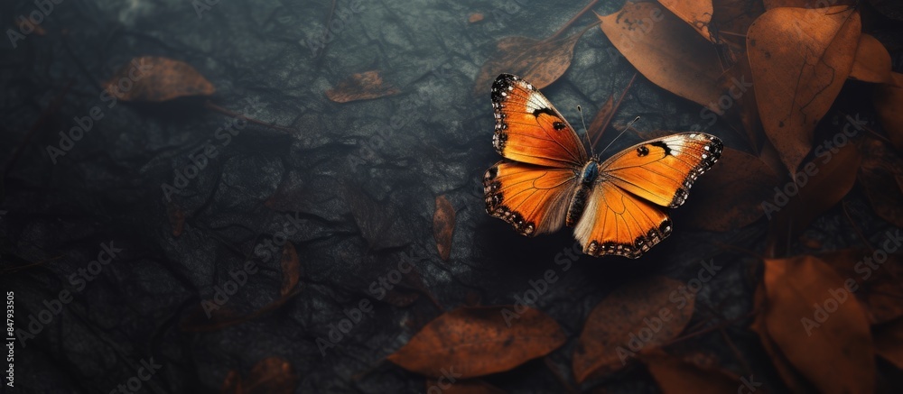 Poster an orange butterfly perched on a leaf with one of its wings torn off. creative banner. copyspace ima