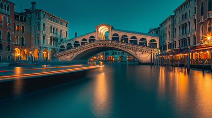 Venice Rialto Bridge at night with illuminated buildings and boat trails