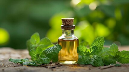 mint oil extract in a small bottle. selective focus. Generative AI,