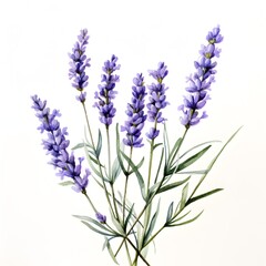 Watercolor Painting of Lavender Sprig on White Background