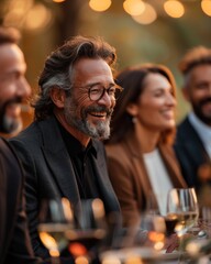  senior business people smiling and laughing while gathering at an outdoor social event