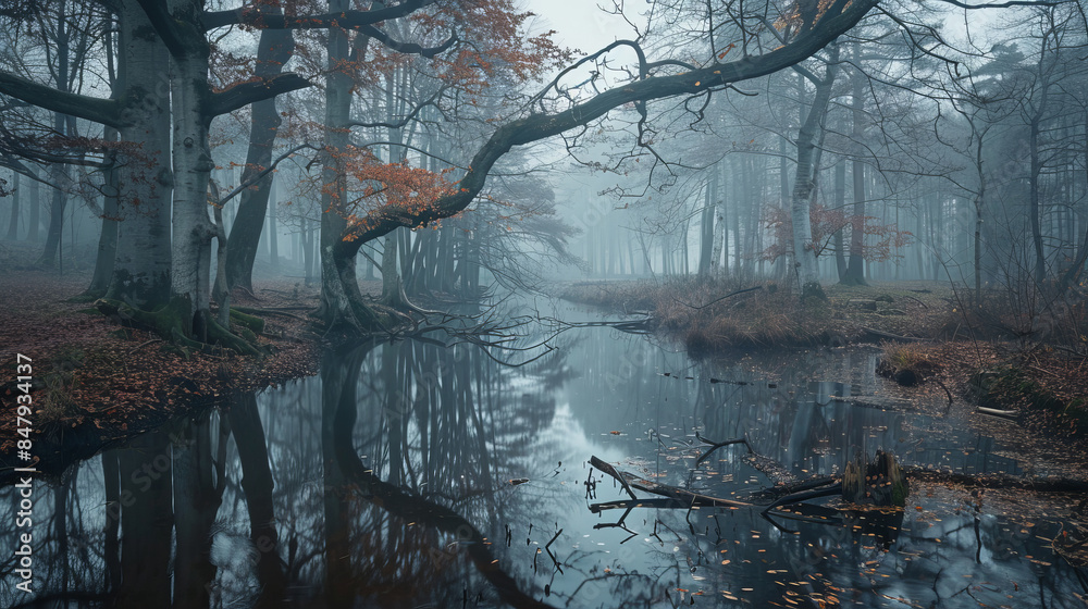 Wall mural misty forest with reflection in calm water during autumn