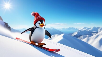 Obraz premium Cute penguin in a red cap skiing from the mountain, funny penguin