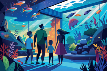 a family standing in front of a large aquarium. They observe the diverse marine life that is represented in the aquarium. the theme conveys the excitement of learning about marine biology