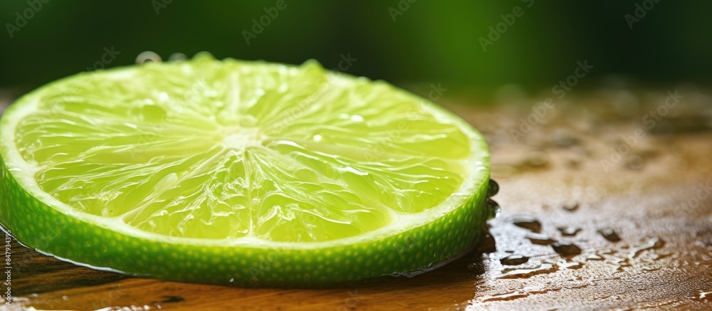 Aufkleber close up slice lime with seed on wooden cutting board. creative banner. copyspace image
