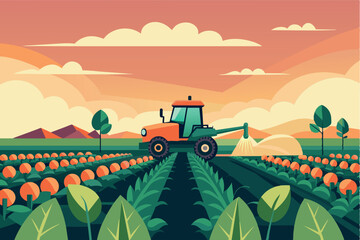 Tractor in a field during, sunrise or sunset.Theme using geometric shapes and patterns to create a picturesque rural landscape.Tractor in a field during, sunrise or sunset. 