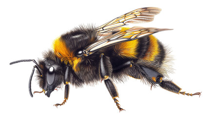 Close-up of a bumblebee with black, yellow and brown stripes.  The bee is in focus and its wings are spread.