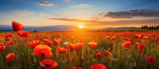 Poppy fields on a sunny evening. Creative banner. Copyspace image