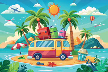 an illustration of a beach scene. It shows a van parked on the sand. In the background you can see the mountains under the big sun. The whole scene conveys a sense of leisure and relaxation.