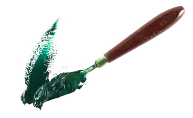 Green brush strokes oil paint with metal spatula isolated on white, clipping, top view