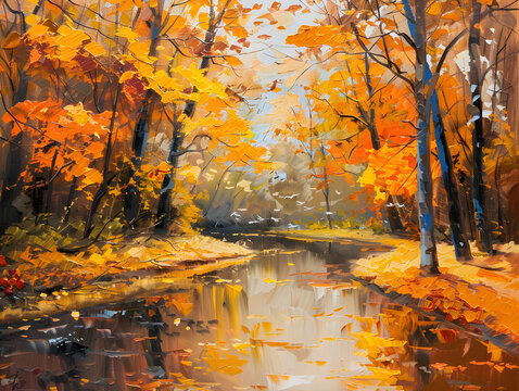 Oil painting landscape - autumn forest near the river, orange leaves Oil color painting. Generative AI.