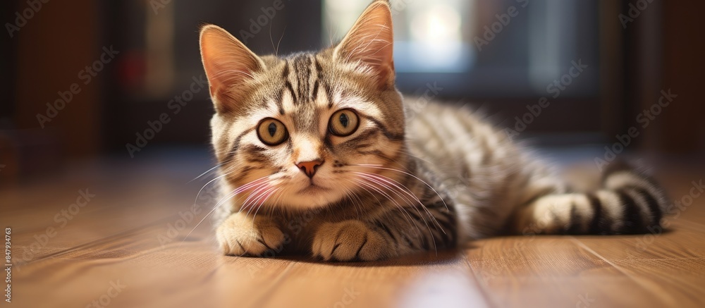 Poster portrait of an adorable tabby cat lying on the ground. creative banner. copyspace image