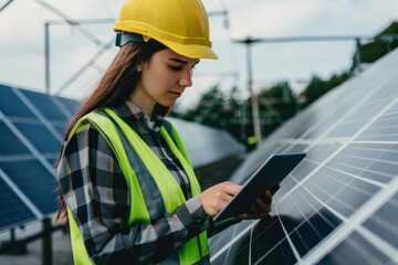 Obraz premium An engineer is checking the operation of a solar panel system at a solar station with a tablet.