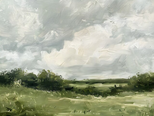 oil painting of an English countryside view with a cloudy sky and muted green colour tone Oil color painting. Generative AI.