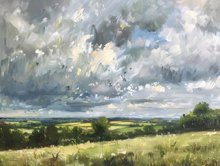 oil painting of an English countryside view with a cloudy sky and muted green colour tone Oil color painting. Generative AI.