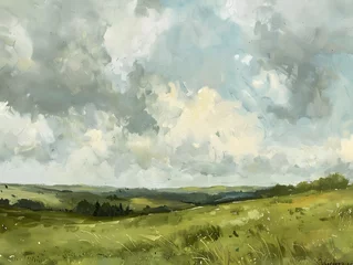 Ingelijste posters Pistachekleur oil painting of an English countryside view with a cloudy sky and muted green colour tone Oil color painting. Generative AI.  © mfz